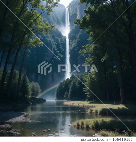 Rainbow over a waterfall in the forest 106419195