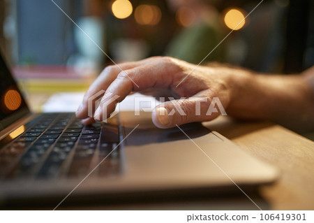 Male hands typing on laptop. Senior businessman working with projects. Modern office 106419301