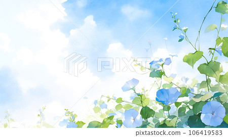 Watercolor landscape of morning glory and blue sky "AI generated image" 106419583