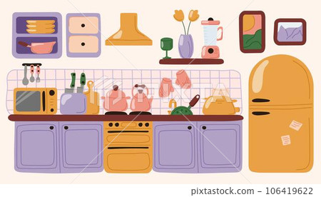 Kitchen interior with furniture in doodle, flat style. Furniture design banner concept. Dining area in the house with fridge, microwave, toaster, kitchen stove. Vector illustration. Kitchen interior with furniture in doodle, flat style. Furniture design banner concept. Dining area in the house with fridge, microwave, toaster, kitchen stove. Vector illustration. 106419622
