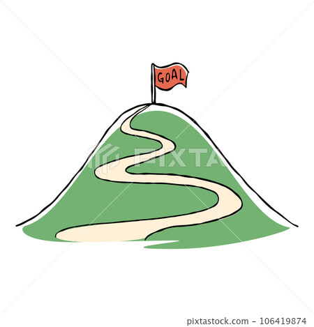 Illustration of a hand-drawn mountain with a finish flag fluttering on the top of the mountain 106419874
