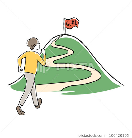 Hand-drawn illustration of a man aiming for the mountaintop goal 106420395
