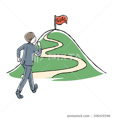 Hand-drawn illustration of a businessman aiming for the goal on the top of the mountain Hand-drawn illustration of a businessman aiming for the goal on the top of the mountain 106420396