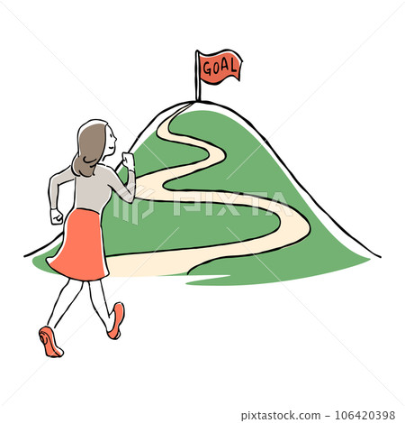 Hand-drawn illustration of a woman aiming for the goal of the mountaintop 106420398