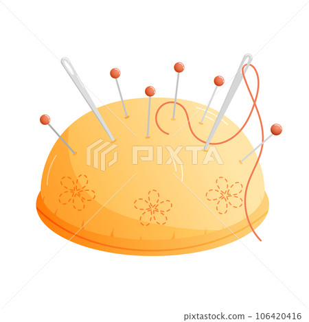 Sewing pincushion. Pins and needle with thread in pincushion isolated clipart. Sewing and embroidery accessories and supplies cartoon vector illustration Sewing pincushion. Pins and needle with thread in pincushion isolated clipart. Sewing and embroidery accessories and supplies cartoon vector illustration 106420416