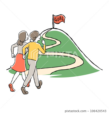 A hand-drawn illustration of a pair of men and women aiming for the goal of the mountaintop 106420543