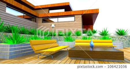 Combination of facade board, decking wooden furniture in the rest zone of the stylish suburban property. 3d rendering. Combination of facade board, decking wooden furniture in the rest zone of the stylish suburban property. 3d rendering. 106421036