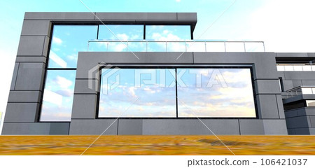 Combination of the big reflective windows and metal face panels for the contemporary housing construction wall finishing. 3d rendering. 106421037