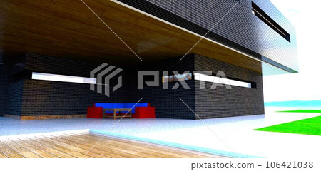 Comfortable furniture in a shadow of the advanced suburban mansion. Walls finished with black tile. White brick pavement. 3d rendering. Comfortable furniture in a shadow of the advanced suburban mansion. Walls finished with black tile. White brick pavement. 3d rendering. 106421038