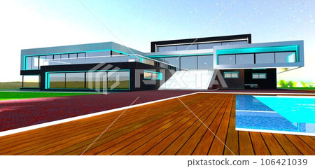 Complicated design of the private estate. Night view. Long decked area. Illuminated staircase. 3d rendering. Complicated design of the private estate. Night view. Long decked area. Illuminated staircase. 3d rendering. 106421039