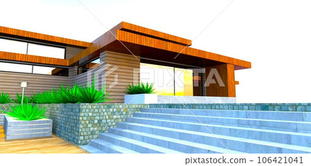 Concrete stairs near the cozy suburban house with wooden facade finishing. The porch with glass sliding door. 3d rendering. Concrete stairs near the cozy suburban house with wooden facade finishing. The porch with glass sliding door. 3d rendering. 106421041