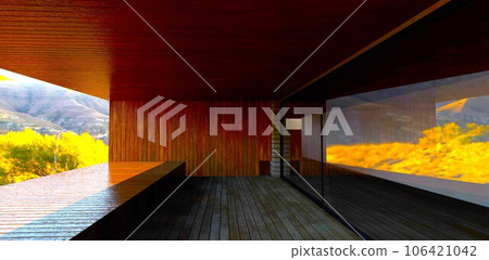 Cozy balcony of elite suburban property. Combination of facade board and glass sliding door reflecting mountains landscape. 3d rendering.door, facade, architectural, property, structure, reflection, 106421042