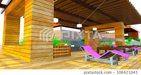Cozy patio design. Decked floor and roof supports finished with facade board. 3d rendering. 106421043
