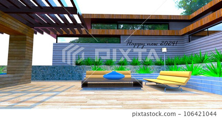 Cozy patio with comfortable beige sofa and a table on the decked floor near the house finished with facade board. 3d rendering. 106421044
