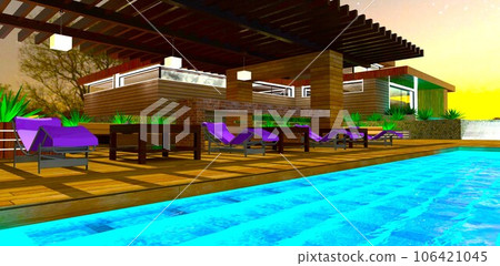 Darkness in cozy patio an hour before sunrise. Waves on the pool surface. Wooden house behind. 3d rendering. Darkness in cozy patio an hour before sunrise. Waves on the pool surface. Wooden house behind. 3d rendering. 106421045