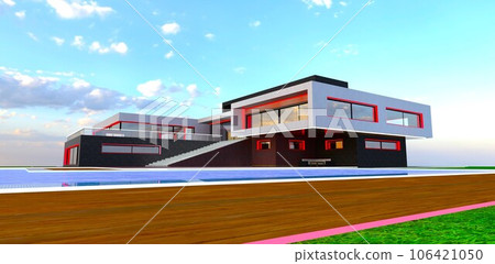 Diagonal view of the innovative country mansion. Excellent investment in suburban real estate. 3d rendering. 106421050