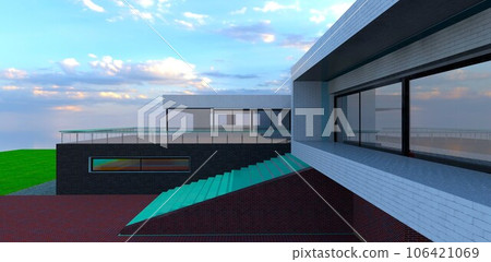 facade of the advanced private property finished with combination of white, black, and red bricks tile. 3d rendering. 106421069