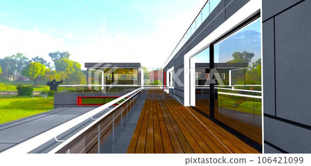 Long terrace of the modern property with illuminated facade elements. Big black gorilla in the yard. 3d rendering. 106421099