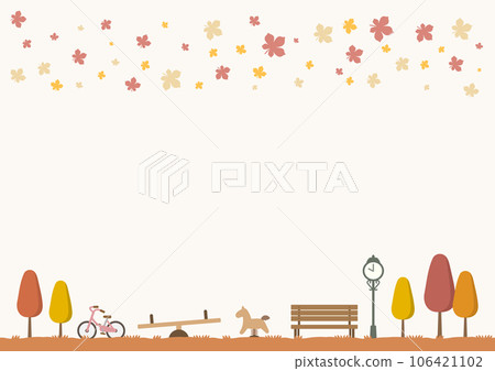 秋天風景、有蹺蹺板和搖馬的公園、長凳和時鐘 106421102