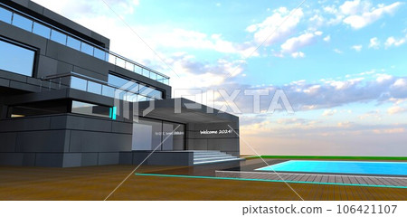 Modern design of the porch in front of the pool with glowing steps down under the transparent water against the cloudy sky. 3d rendering. Modern design of the porch in front of the pool with glowing steps down under the transparent water against the cloudy sky. 3d rendering. 106421107