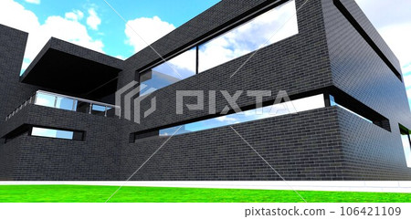 Narrow corner window looks good on the black brick facade of the modern suburban property. 3d rendering. Narrow corner window looks good on the black brick facade of the modern suburban property. 3d rendering. 106421109