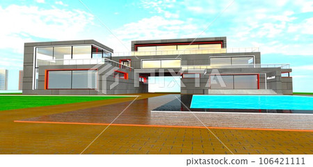 New design of the contemporary property with facade finished with trend metal panels. Brown tile pavement around the pool. 3d rendering. New design of the contemporary property with facade finished with trend metal panels. Brown tile pavement around the pool. 3d rendering. 106421111