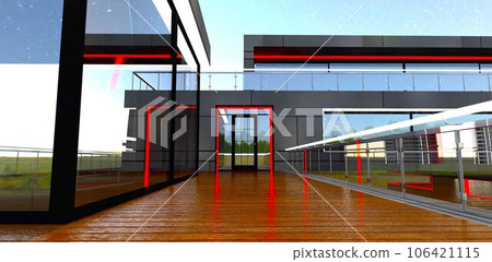 Night light plat on the exterior elements of the recently built property at night. Reflective terrace decking. 3d rendering. 106421115