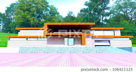 Red brick tile paved area in front of the entrance to the newly built country mansion finished with facade board. 3d rendering. Red brick tile paved area in front of the entrance to the newly built country mansion finished with facade board. 3d rendering. 106421125
