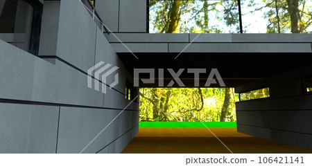 Through passage to the tropical forest from the courtyard of the advanced suburban house with stone panel walls. 3d rendering. 106421141