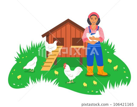 Happy smiling black farmer woman holds a chicken in hands standing near chicken coop. Hens, rooster and little chicks graze in green grass. Free range poultry. Eco farming. Simple flat illustration Happy smiling black farmer woman holds a chicken in hands standing near chicken coop. Hens, rooster and little chicks graze in green grass. Free range poultry. Eco farming. Simple flat illustration 106421165
