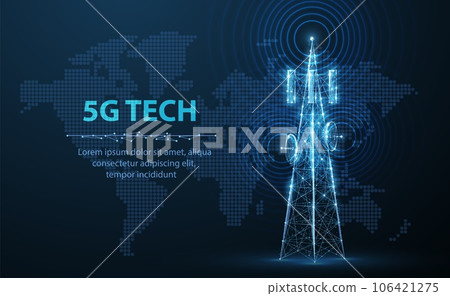 Abstract antenna mast with world map. 5G technology, telecommunication industry Abstract antenna mast with world map. 5G technology, telecommunication industry 106421275