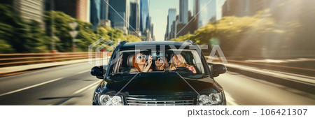 Beautiful young women sitting in car, doing makeup, talking and having fun during driving. Fast ride on street on daytime Beautiful young women sitting in car, doing makeup, talking and having fun during driving. Fast ride on street on daytime 106421307