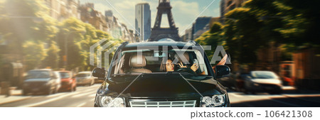 Beautiful young woman driving car on street in paris on daytime. Girl sitting in car and taking selfie with mobile phone 106421308