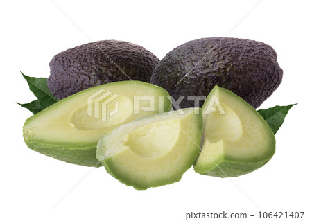 avocado with green leaf avocado cut and slice isolated on a white background avocado with green leaf avocado cut and slice isolated on a white background 106421407