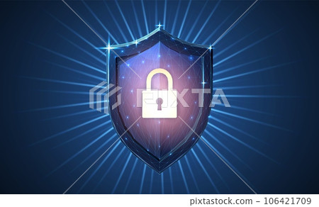 Secure technology. Polygonal wireframe shield with lock sign on dark blue. 106421709