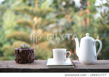 Ceramic white tea pot and tea cup with cactus mini pot 106421777