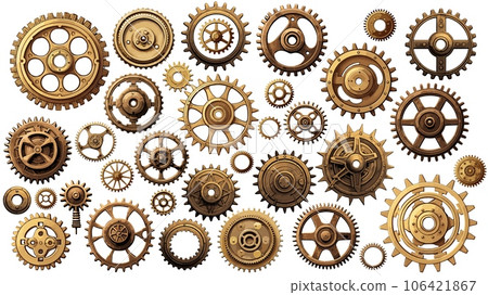 Old brass metal gears.Vintage bronze metallic cogwheels isolated on white, retro style separated gearwheels 106421867