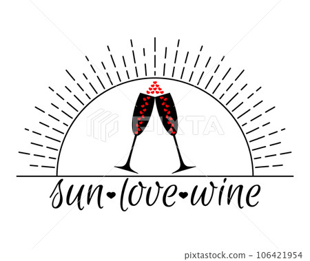 Sun with rays and two wine glasses with hearts inside. They are clink and cheers. Design for dates, love, romantic and other ideas. Black silhouettes for print and web. Isolated vector illustration. Sun with rays and two wine glasses with hearts inside. They are clink and cheers. Design for dates, love, romantic and other ideas. Black silhouettes for print and web. Isolated vector illustration. 106421954