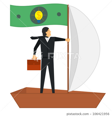 A businessman floats in a boat with a sail and a paper dollar with a light bulb instead of a flag. Idea, financial profit, successful management and other concepts. Vector illustration. A businessman floats in a boat with a sail and a paper dollar with a light bulb instead of a flag. Idea, financial profit, successful management and other concepts. Vector illustration. 106421956