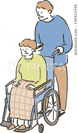 A middle-aged woman in a wheelchair and a middle-aged man assisting her 106422448