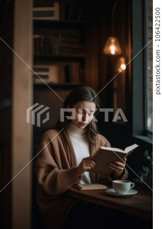 A woman is reading a book in a cafe, AI 106422500