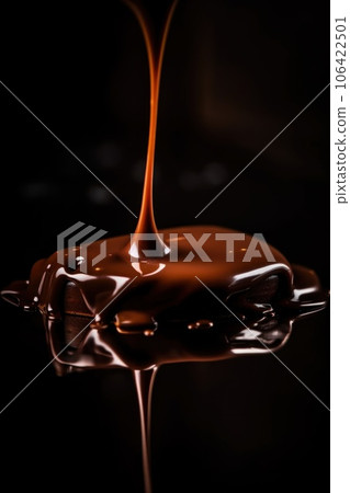 A melted liquid chocolate being poured onto cookie, AI 106422501