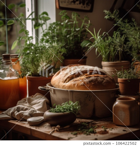 A loaf of bread sitting on a table with herbs and other items, AI 106422502