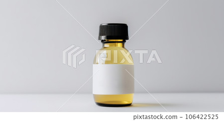 A bottle of essential oil with blank label on a white surface, AI 106422525