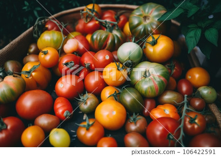 A basket full of tomatoes with green leaves, AI - Stock Illustration ...