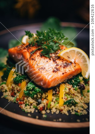 Salmon with quinine and vegetables on a black plate, AI 106422616
