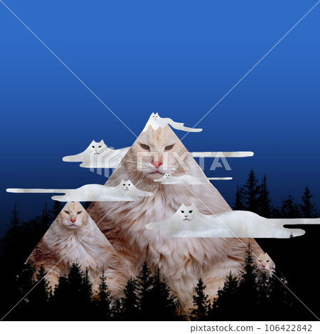 Funny, serious cat in image of mountains over night sky and forest. Volcano. Abstract art. Contemporary art collage. Funny, serious cat in image of mountains over night sky and forest. Volcano. Abstract art. Contemporary art collage. 106422842