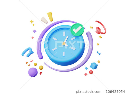 3D render, Minimal Alarm clock with colorful floating confetti isolated on white background, Management time and planning concept, reminder and notification. Wake up and sleep time. 106423054