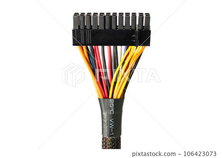PSU cable. 20 and 4 pin plug for connecting the computer motherboard to the power supply white background PSU cable. 20 and 4 pin plug for connecting the computer motherboard to the power supply white background 106423073