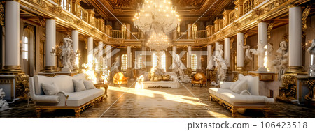 luxurious interior of the hotel lobby with comfortable furniture and columns, banner luxurious interior of the hotel lobby with comfortable furniture and columns, banner 106423518